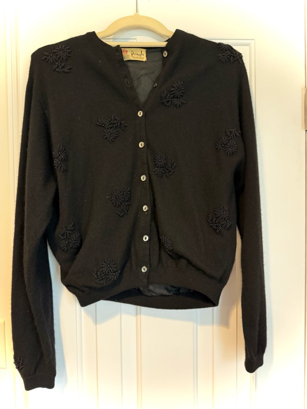 Pringle Black Beaded Floral Button-Front Cardigan